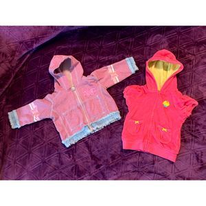 LOT of TWO light jackets girls 12 months hoods, zippers pink orange